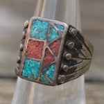 Vintage Sterling Turquoise and Coral Inlay Ring 6.75