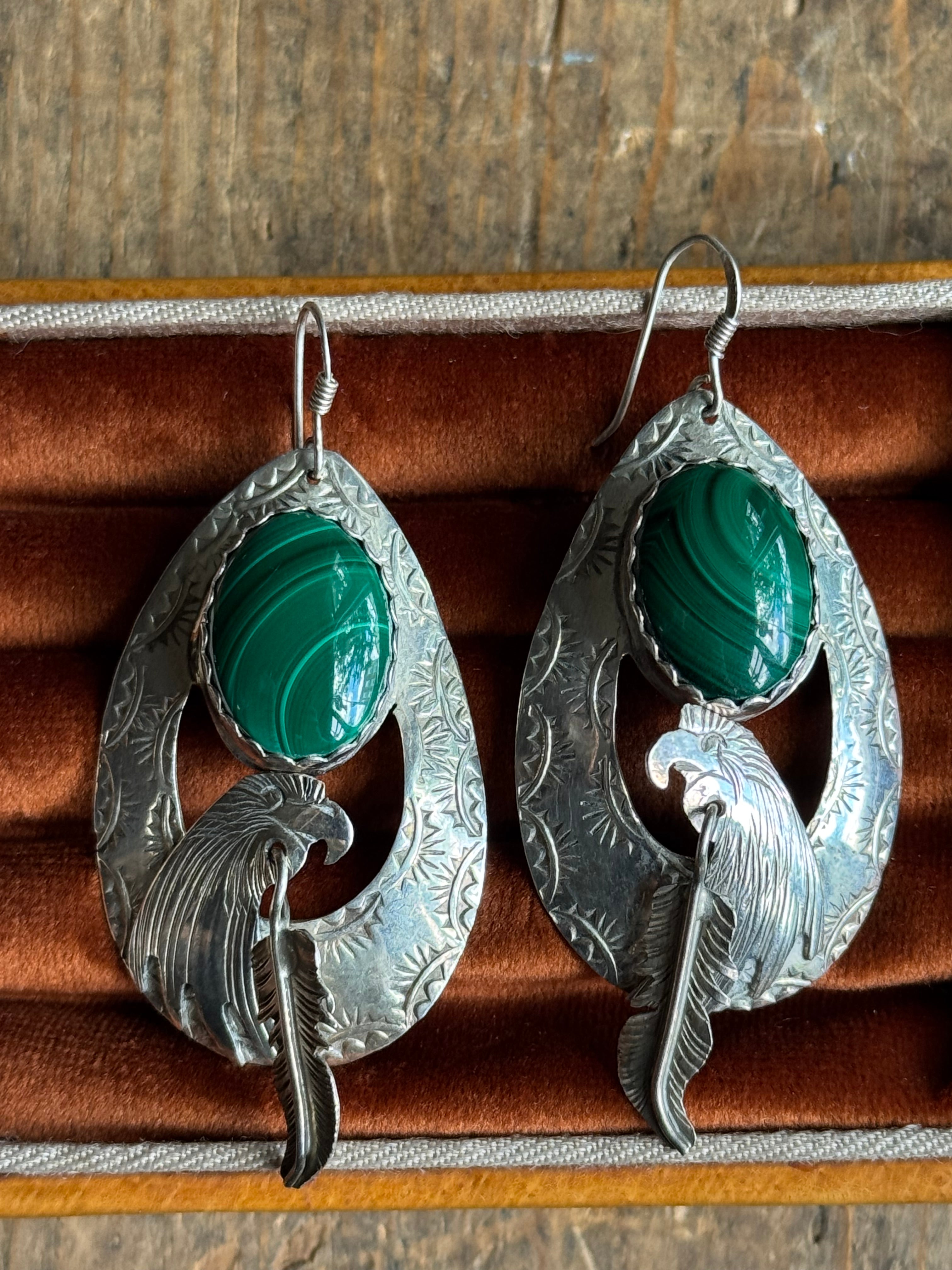 Vintage Sterling Silver Malachite Eagle Feather Earrings