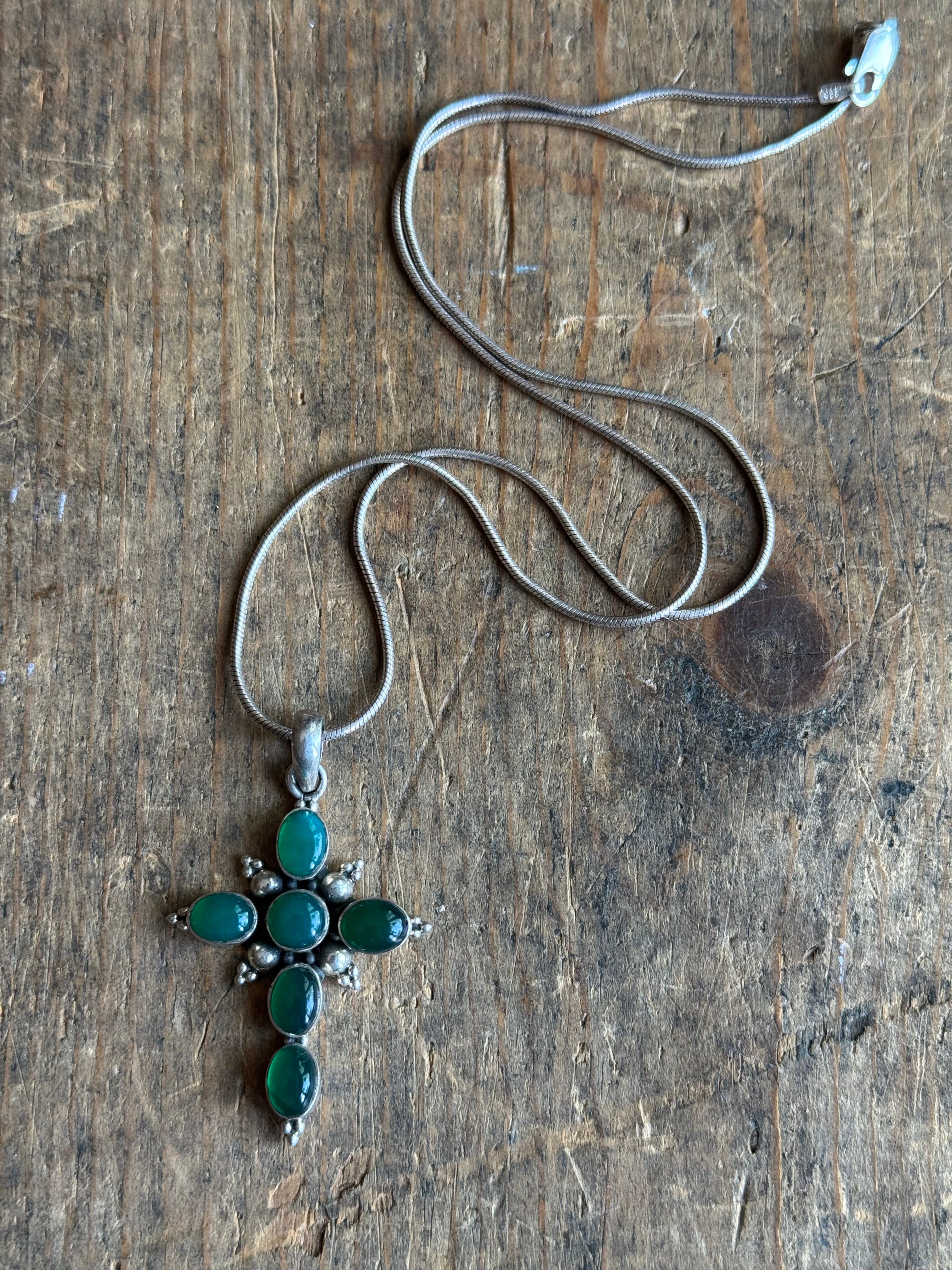 Vintage Sterling Silver Green Glass Cross Necklace