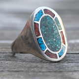 Vintage Sterling Turquoise and Coral Inlay Ring 12