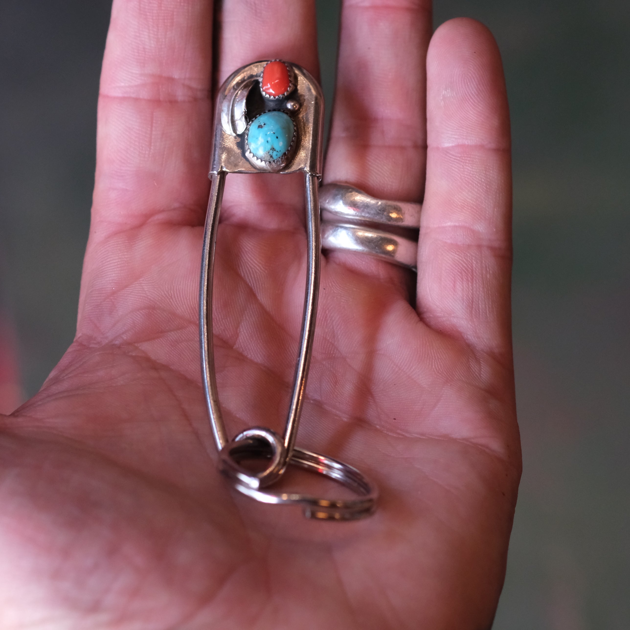 Vintage Turquoise and Coral Safety Pin Keychain 3"