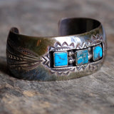Vintage Sterling 3-Stone Turquoise Stamped Cuff Bracelet