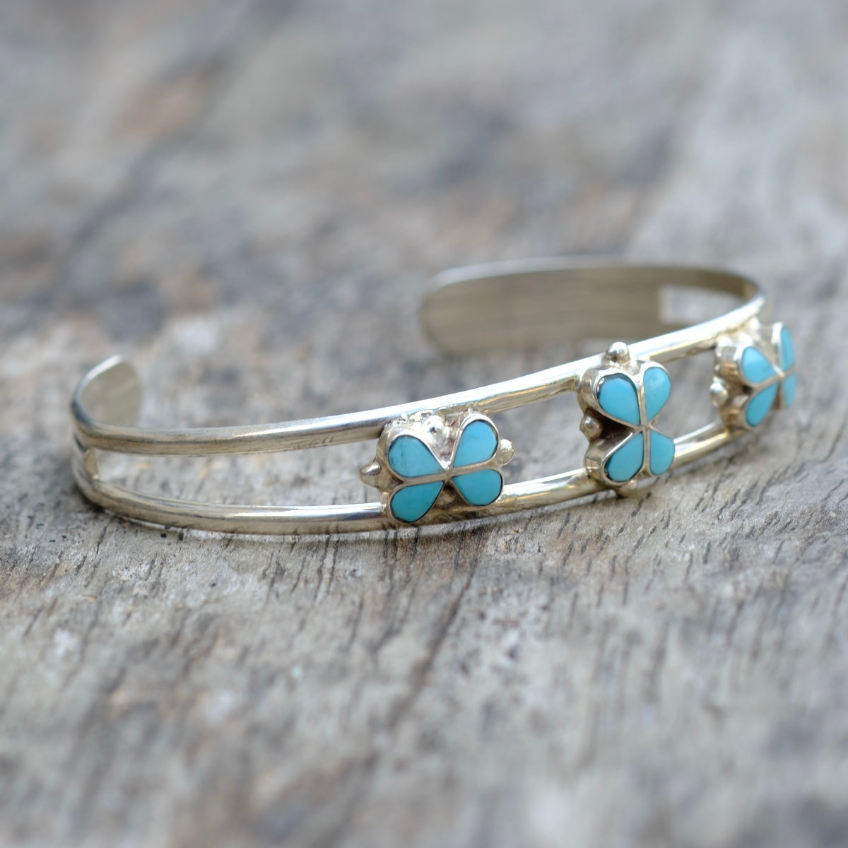Vintage Sterling Turquoise Inlay Flower Cuff Bracelet