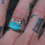 Vintage Sterling Turquoise and Coral Ribbed Band Ring 8.5