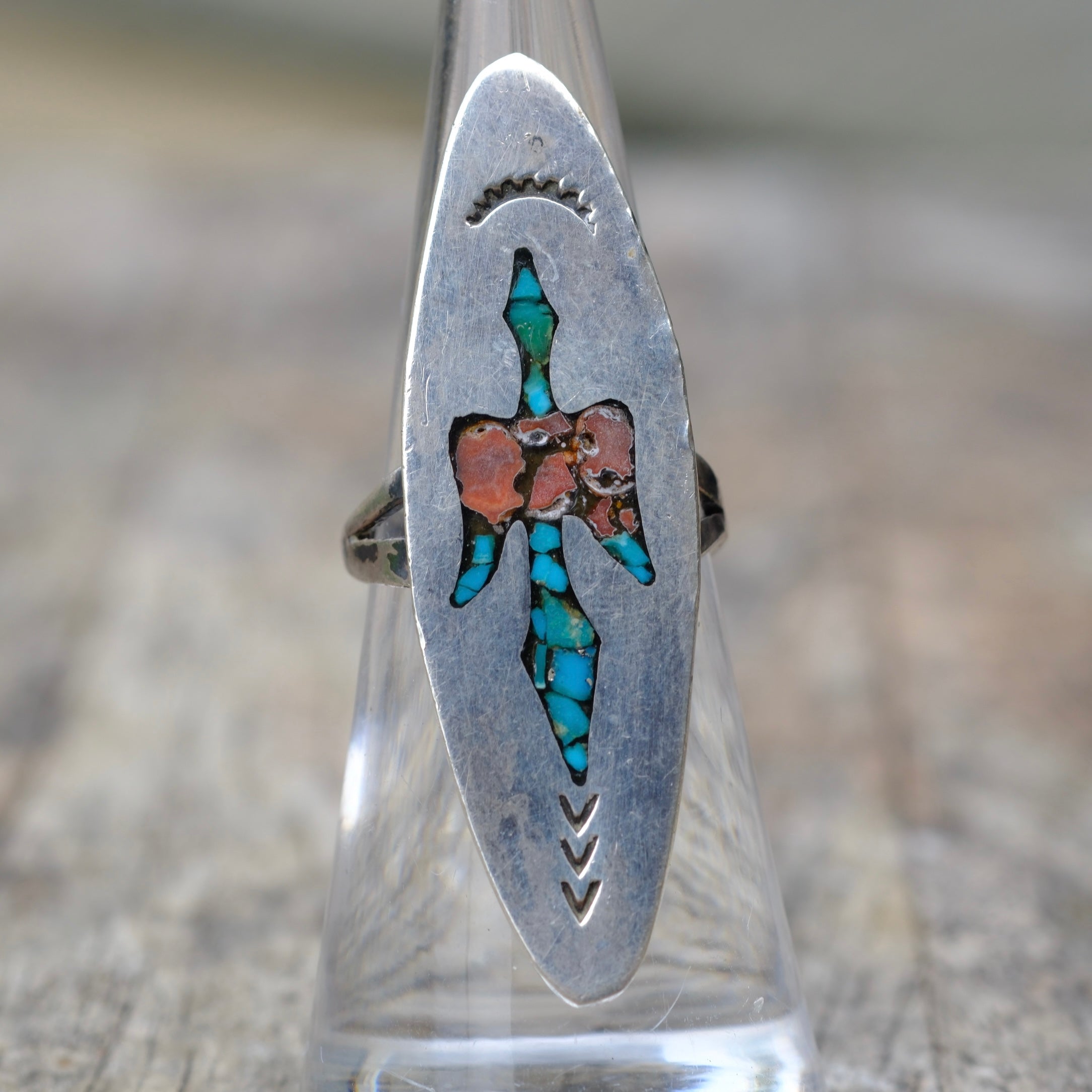 Vintage Sterling Turquoise and Coral Inlay Peyote Bird Ring 5.5