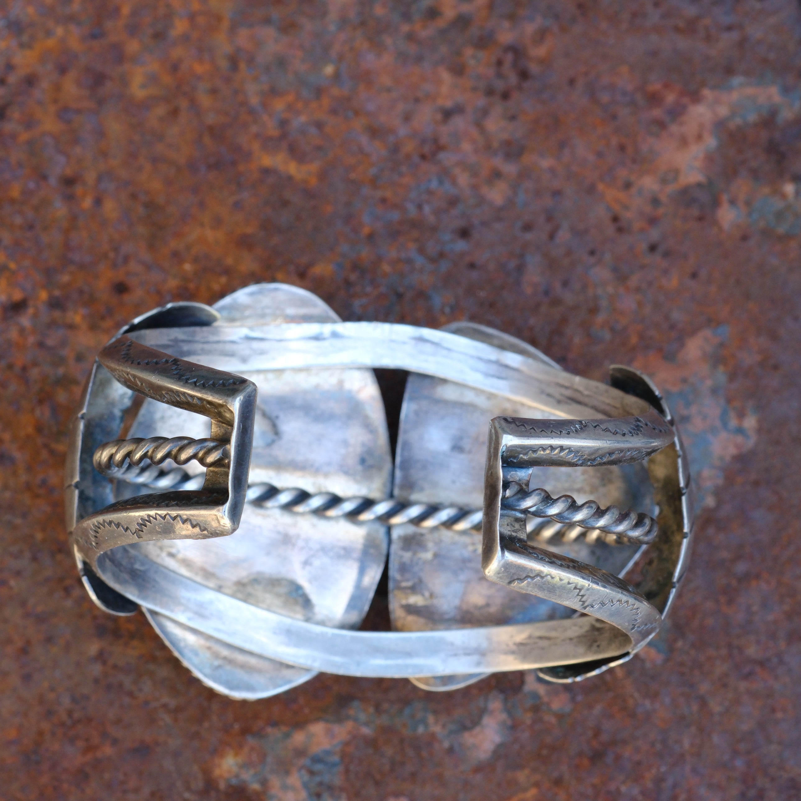 Massive Vintage Sterling 2-Stone Turquoise Stamped Feather Cuff Bracelet
