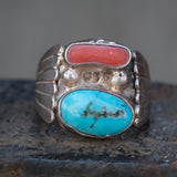 Vintage Sterling Turquoise and Coral Ribbed Band Ring 8.5