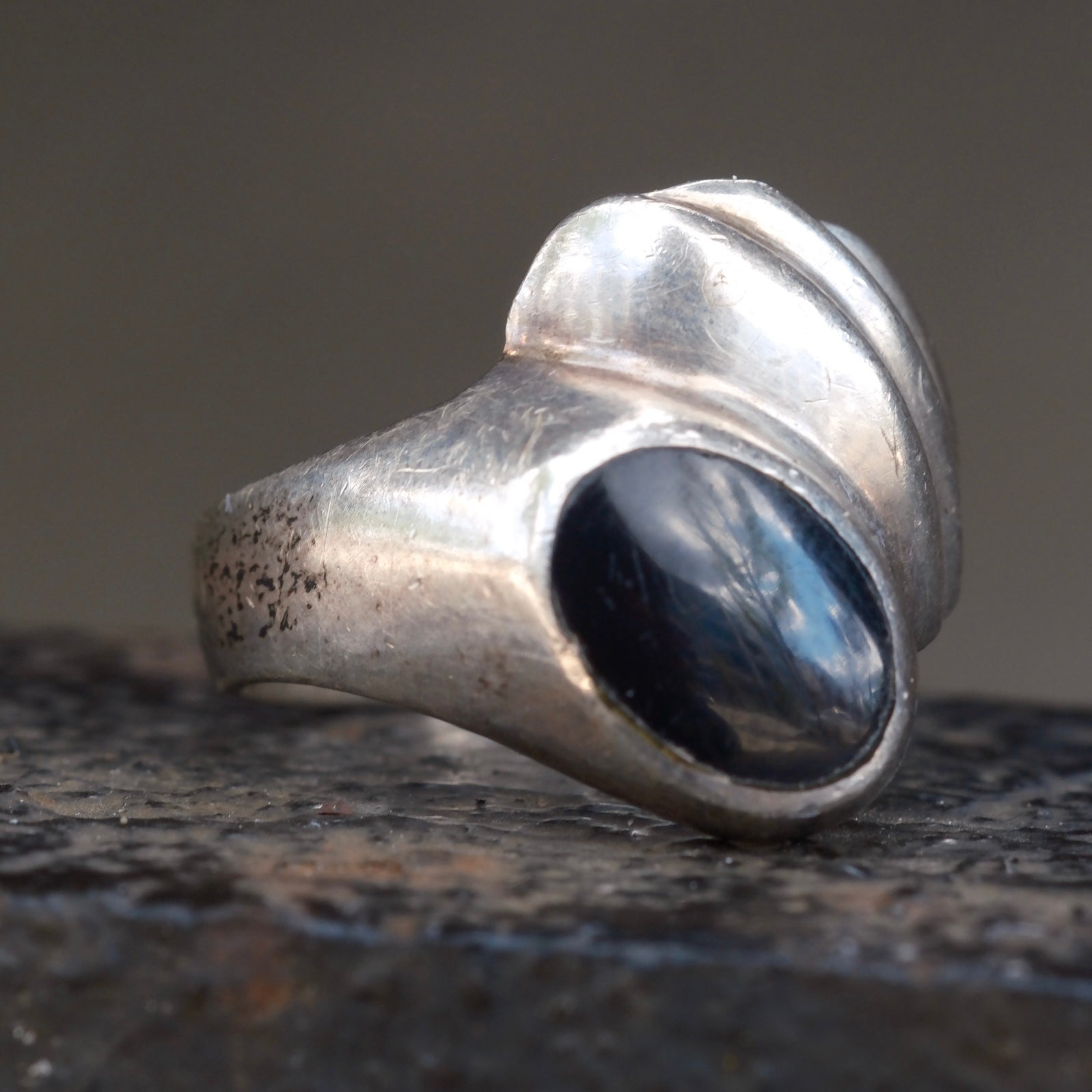 Vintage Sterling Onyx Modernist Ring 8.25