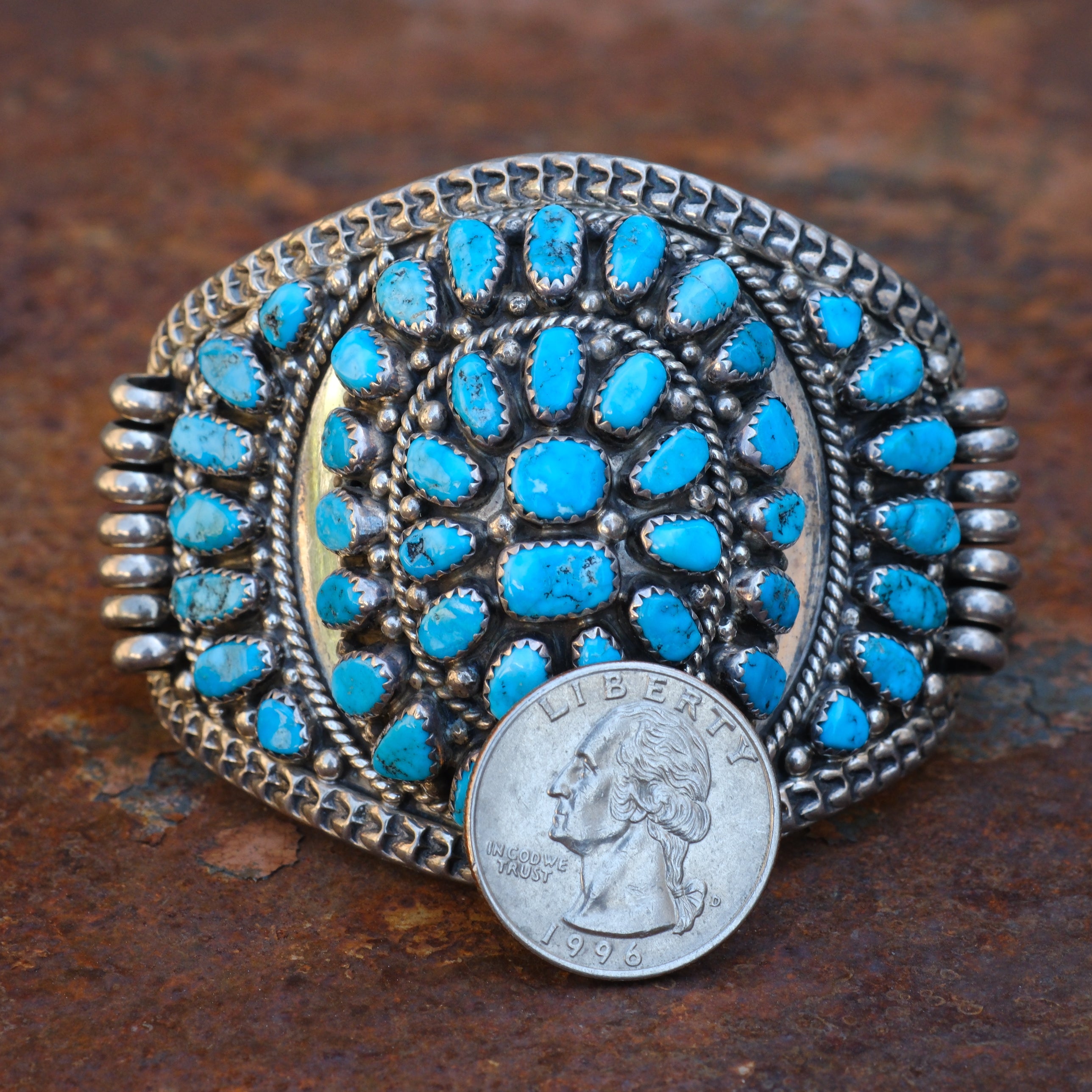 Huge Vintage Sterling Turquoise Inlay Cluster Cuff