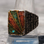 Vintage Plated Silver Crushed Turquoise and Coral Inlay Sunrise Ring