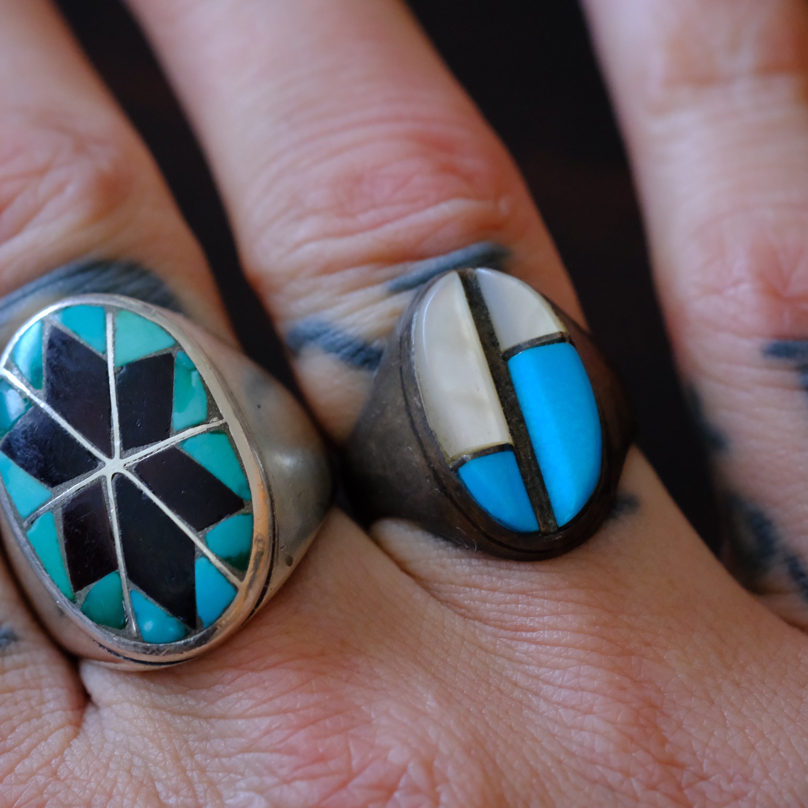 Vintage Sterling Turquoise and Mother Of Pearl Inlay Ring 8.25