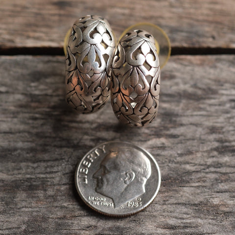 Vintage Sterling Floral Hoop Earrings