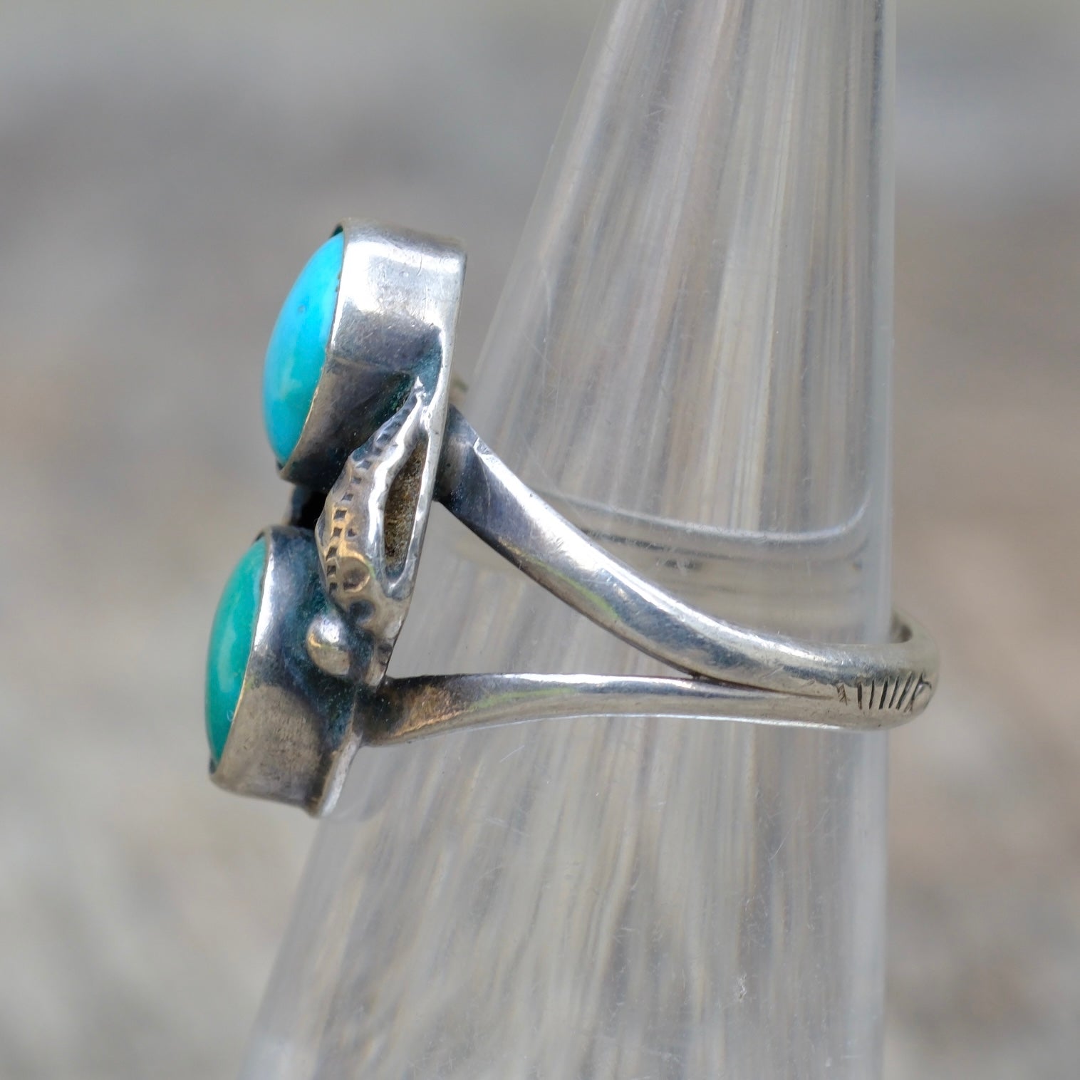 Vintage Sterling 2-Stone Turquoise Feather Ring 4.5