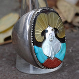 Vintage Sterling Zuni Inlay Ram Ring 12.75