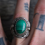 Vintage Sterling Malachite Feather Ring 9.5