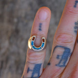 Vintage Sterling Turquoise and Coral Inlay Horseshoe Ring 4