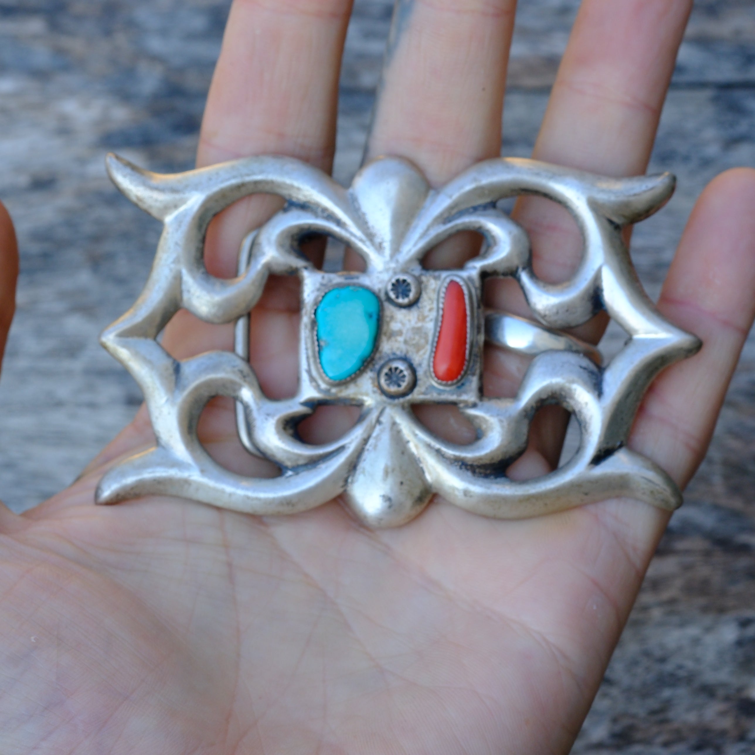 Vintage Sterling Turquoise and Coral Sandcast Belt Buckle