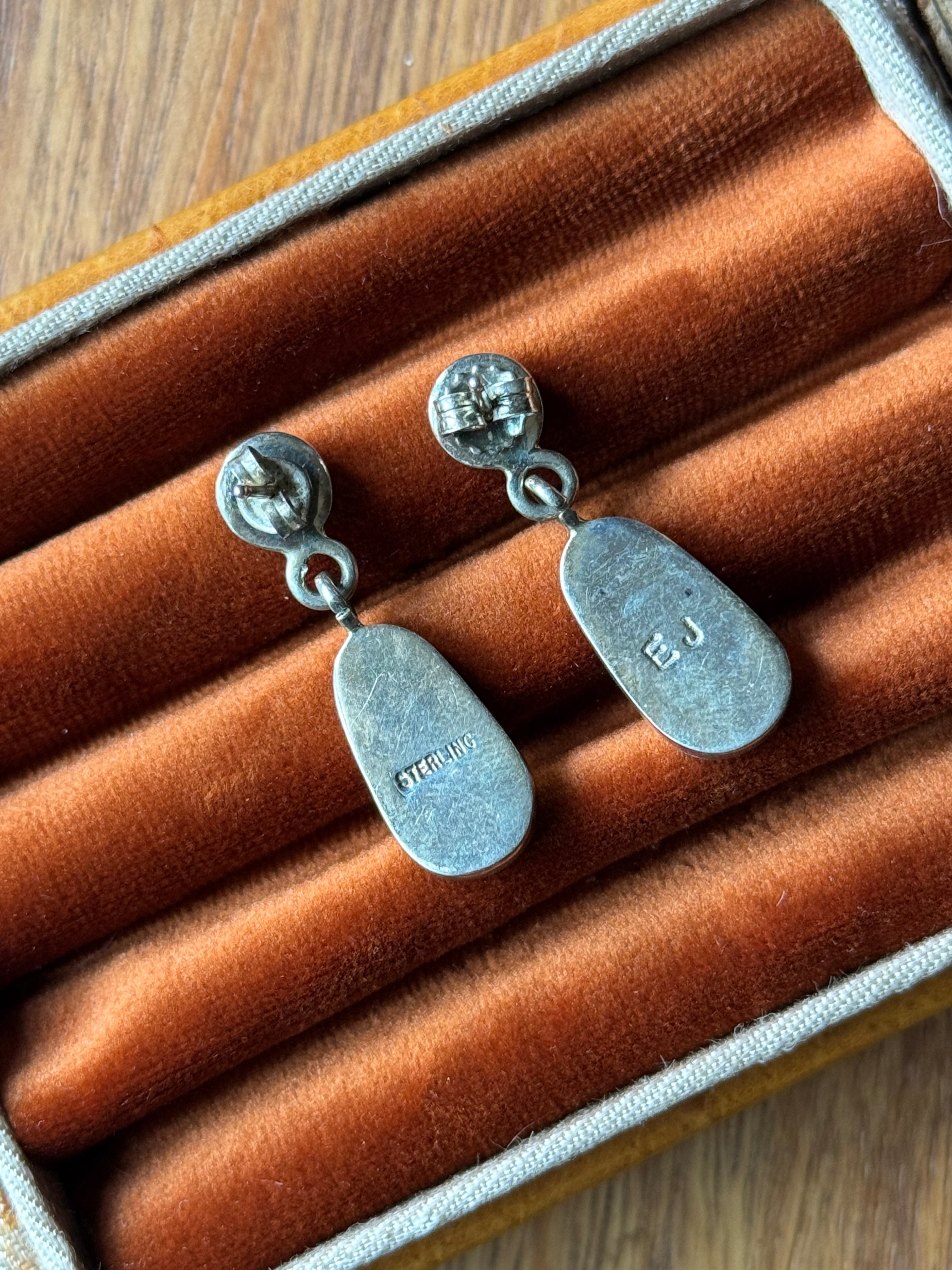 Vintage Sterling Silver Opalite Inlay Earrings
