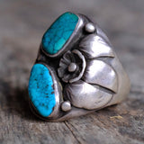 Vintage Sterling 2-Stone Turquoise Blossom Ring 9.25