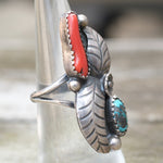 Vintage Sterling Turquoise and Coral Feather Ring 6