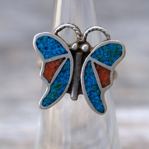 Vintage Sterling Coral and Turquoise Inlay Butterfly Ring 4.25