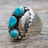 Vintage Sterling 3-Stone Turquoise Ribbed Band Ring 11