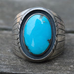 Vintage Sterling Turquoise Ribbed Band Ring 9.5