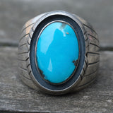 Vintage Sterling Turquoise Ribbed Band Ring 9.5