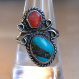 Vintage Sterling Turquoise and Coral Ring 9.25