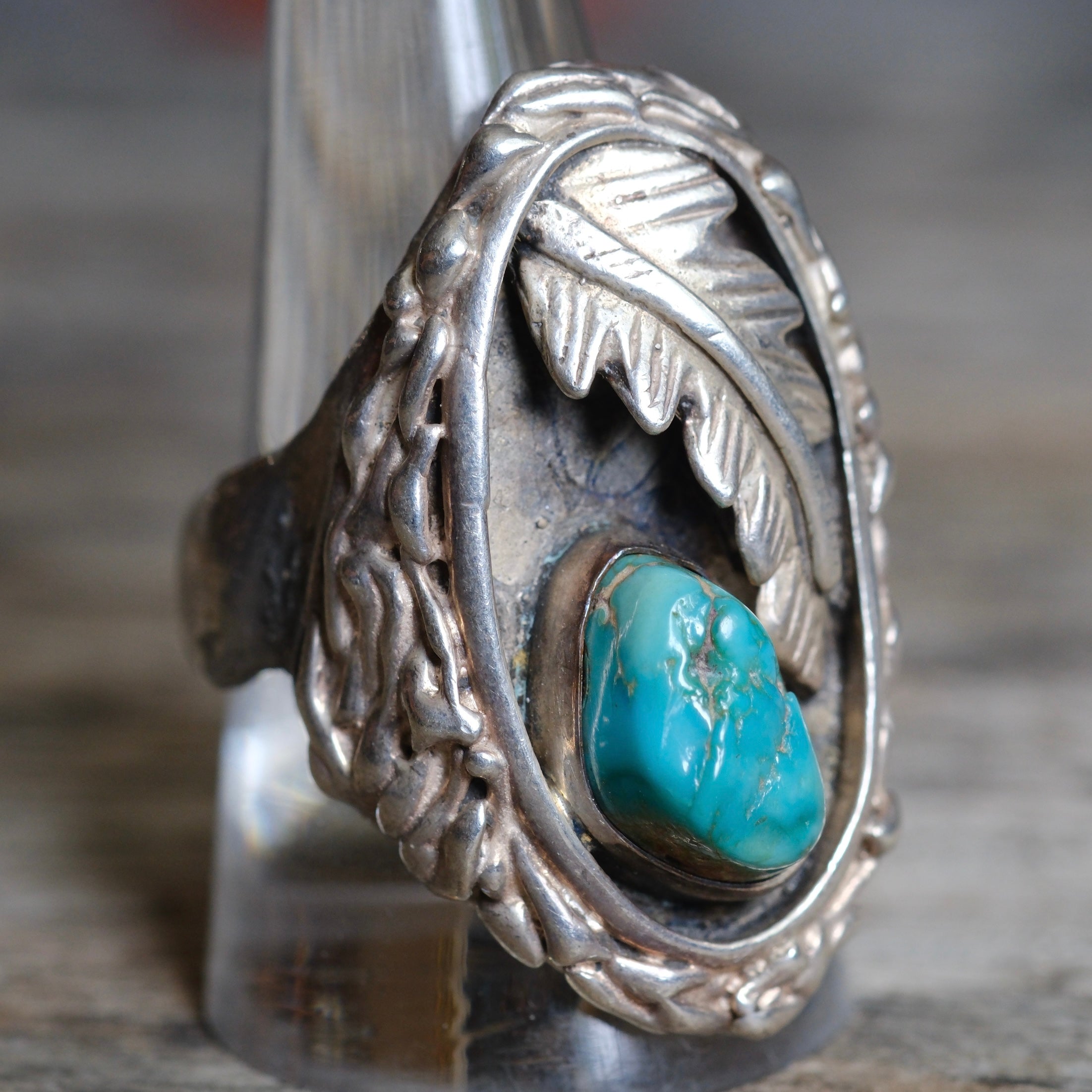 Vintage Sterling Turquoise Feather Ring 10.25