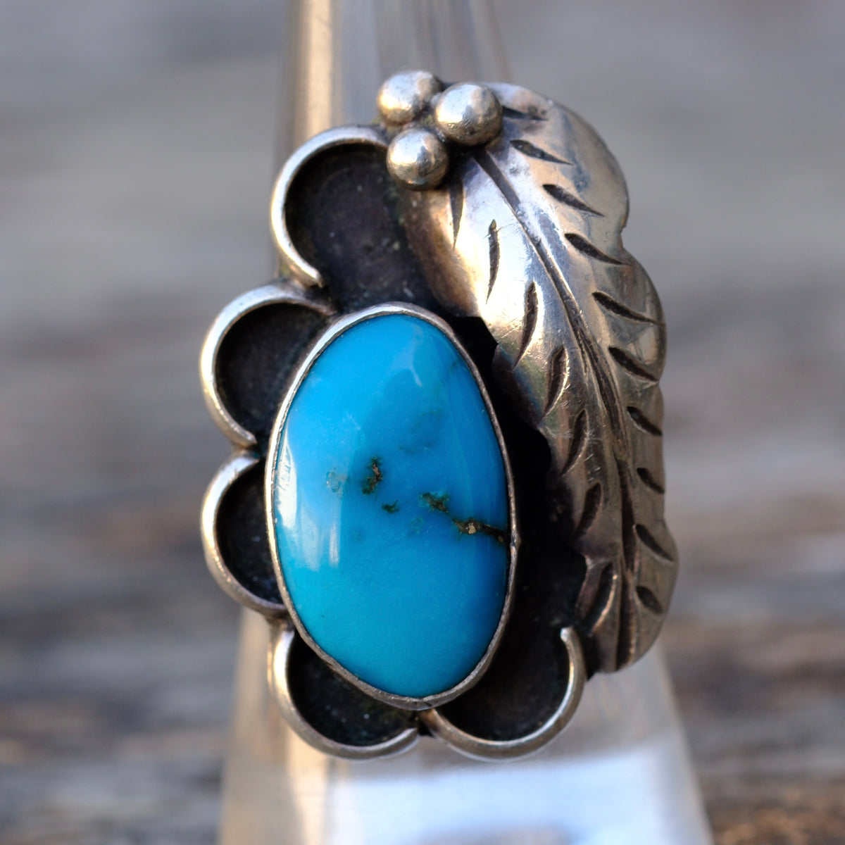 Vintage Sterling Turquoise Feather Florette Ring 7.75