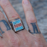 Vintage Sterling Crushed Turquoise and Coral Inlay Ring 7.75