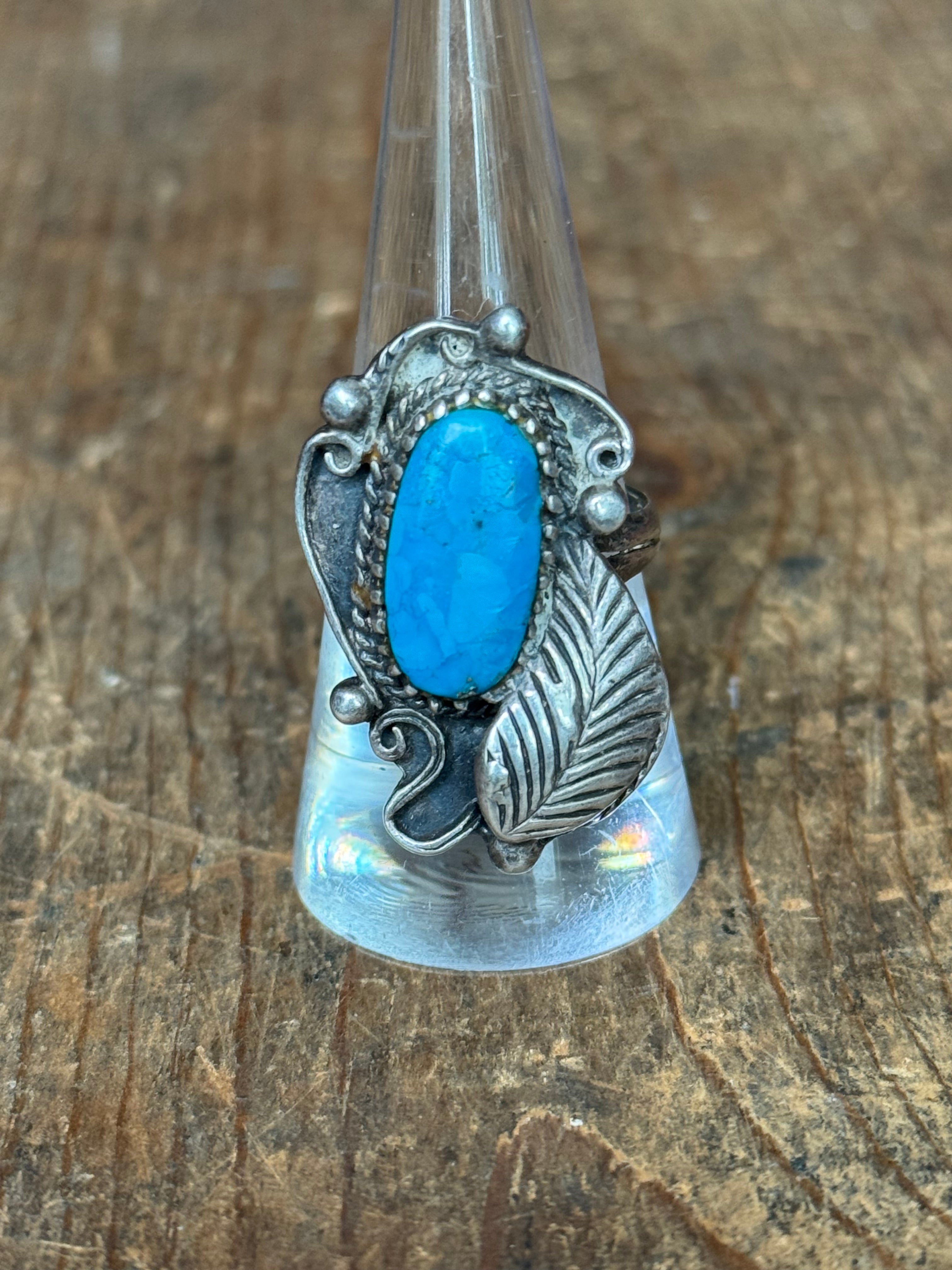 Vintage Sterling Silver Turquoise Leaf Filigree Ring 8.5