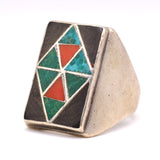 Vintage Sterling Jet Turquoise and Coral Inlay Ring 8