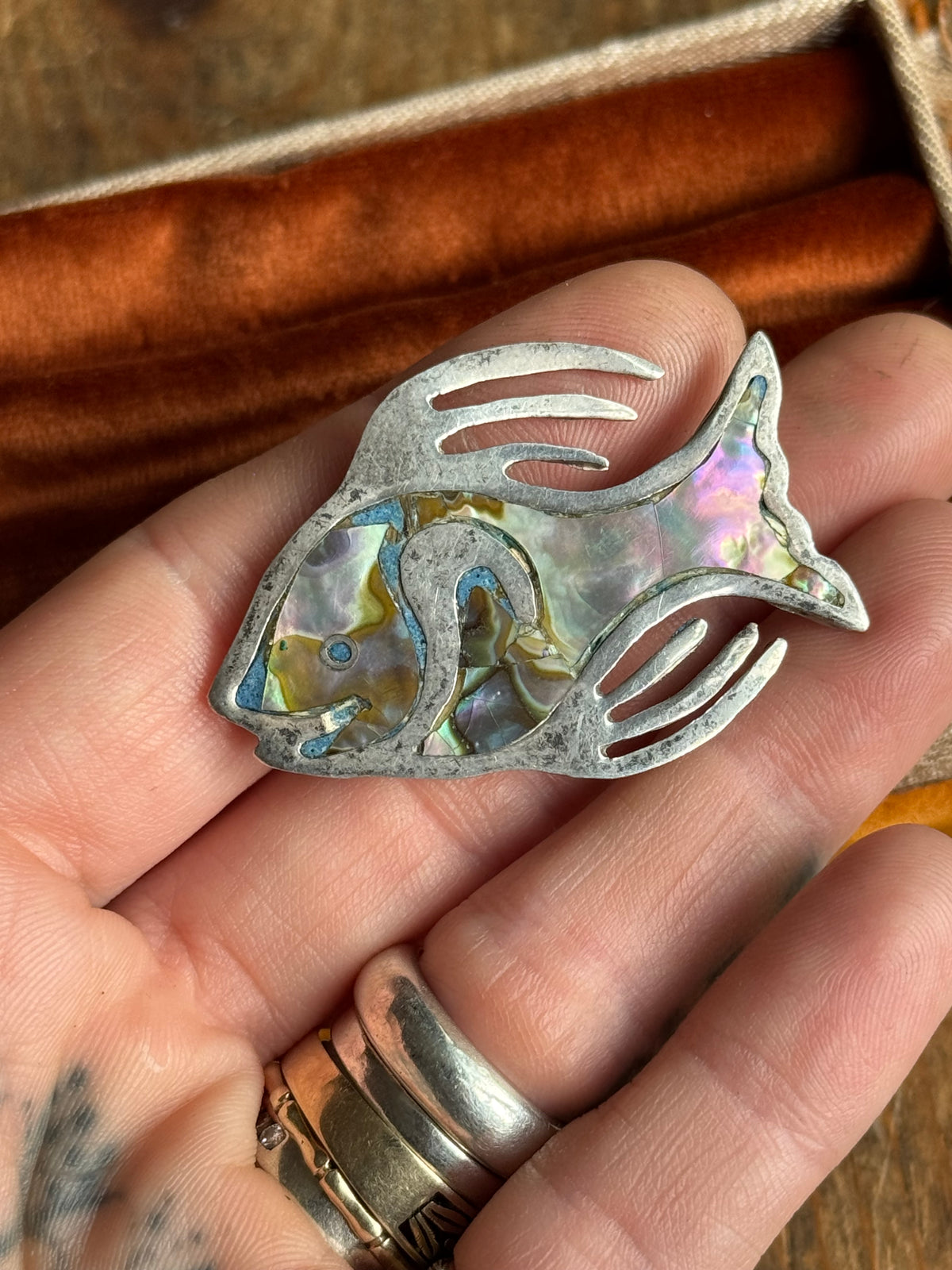 Vintage Sterling Silver Abalone Inlay Fish Pin