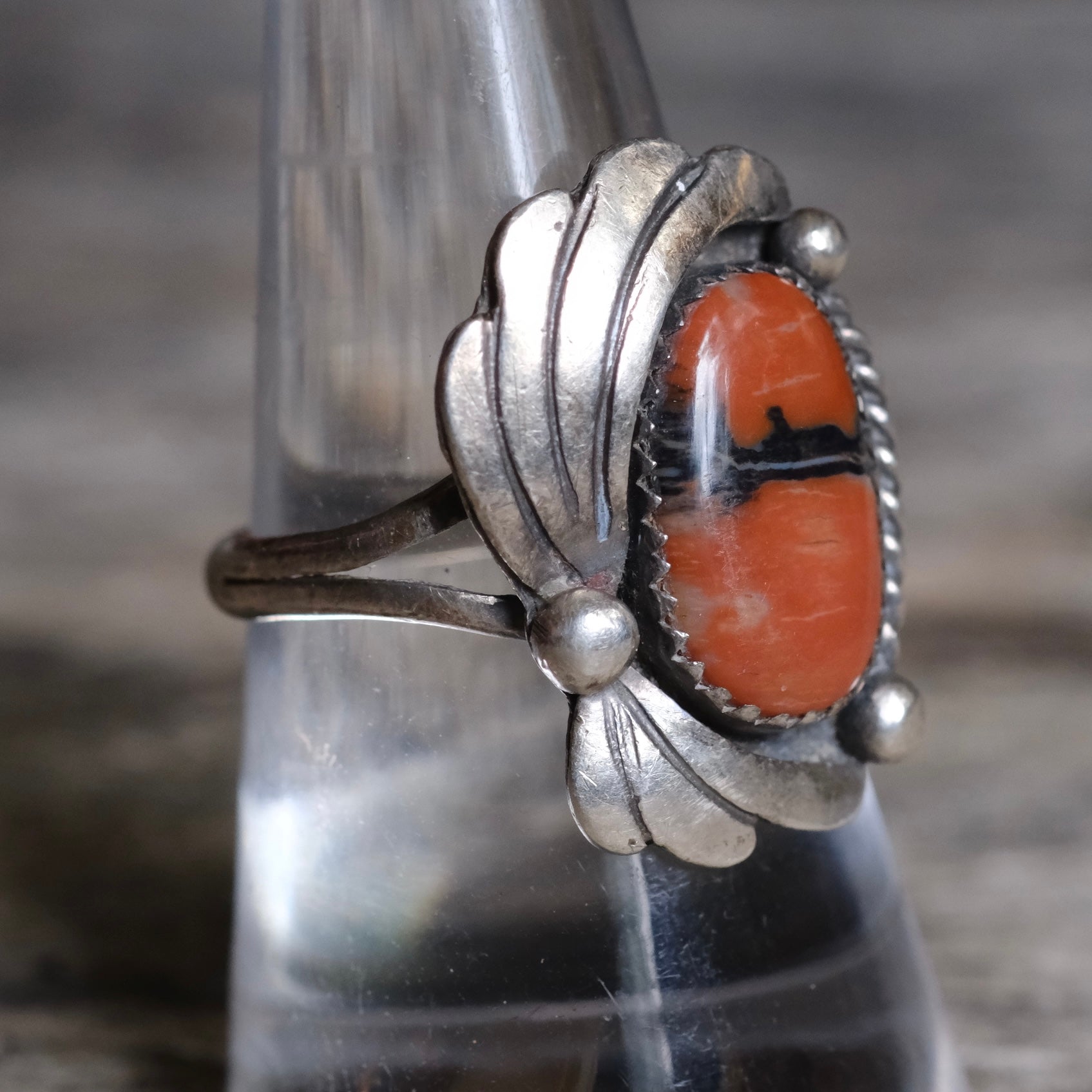Vintage Sterling Petrified Wood Feather Ring 8