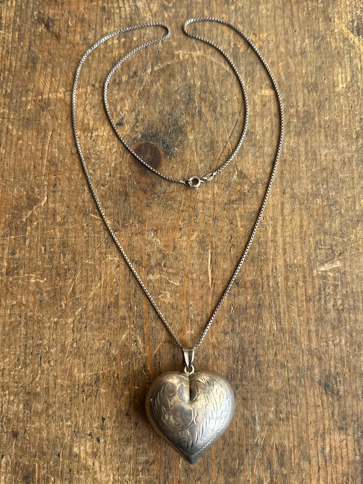 Vintage Sterling Silver Etched Puffy Heart Necklace
