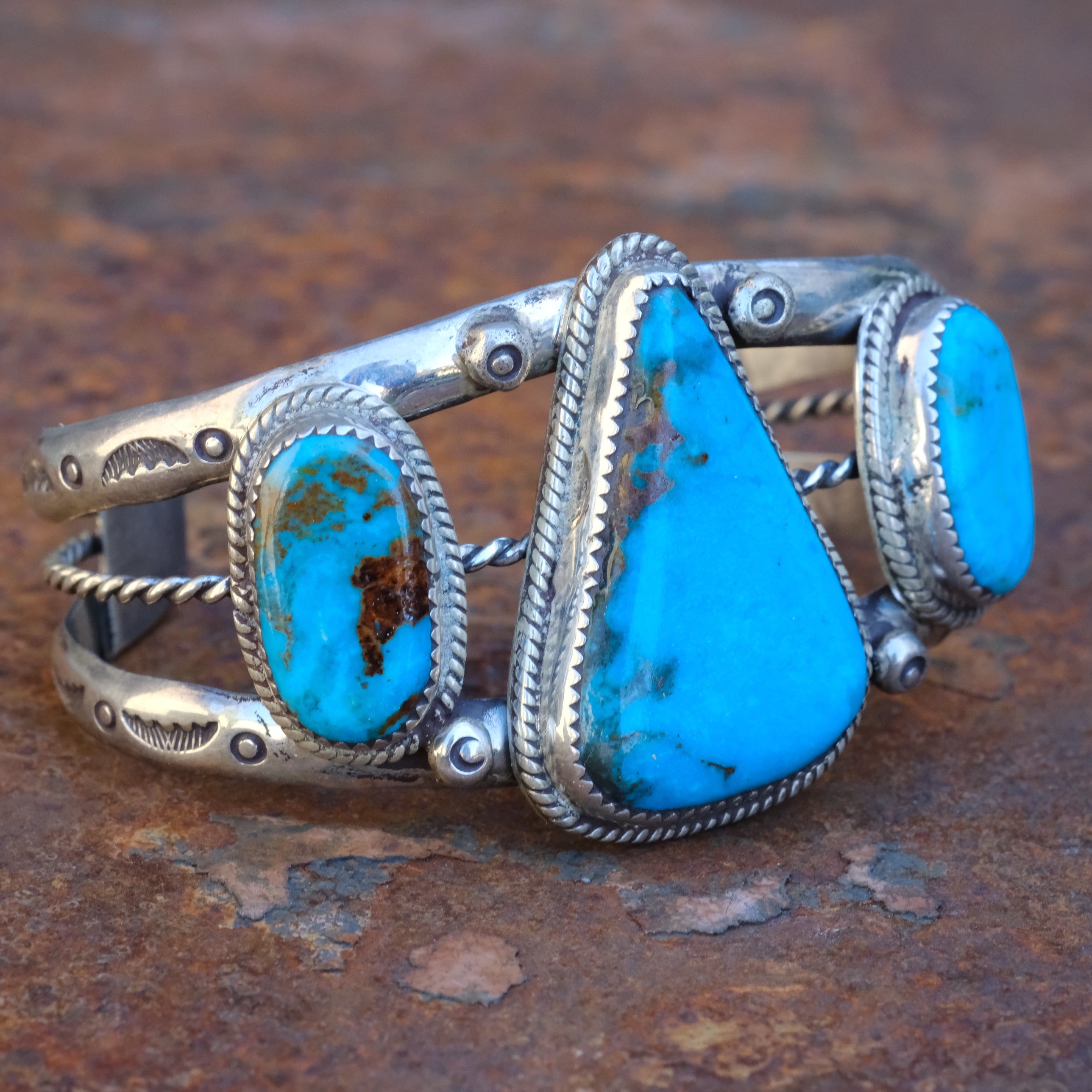 Huge Vintage Sterling 3-Stone Turquoise Cuff Bracelet