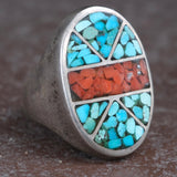 Vintage Sterling Crushed Turquoise and Coral Inlay Ring 10.25