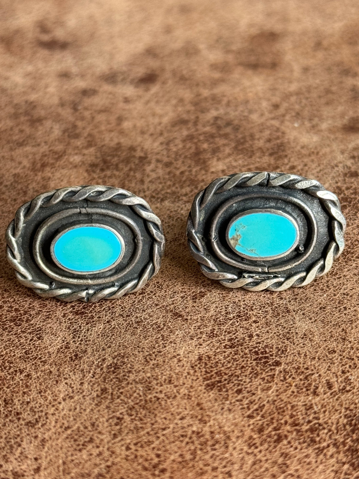 Vintage Sterling Silver Roped Turquoise Shadowbox Cufflinks