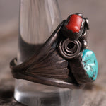 Vintage Sterling Turquoise and Coral Fox Claw Ring 12.25