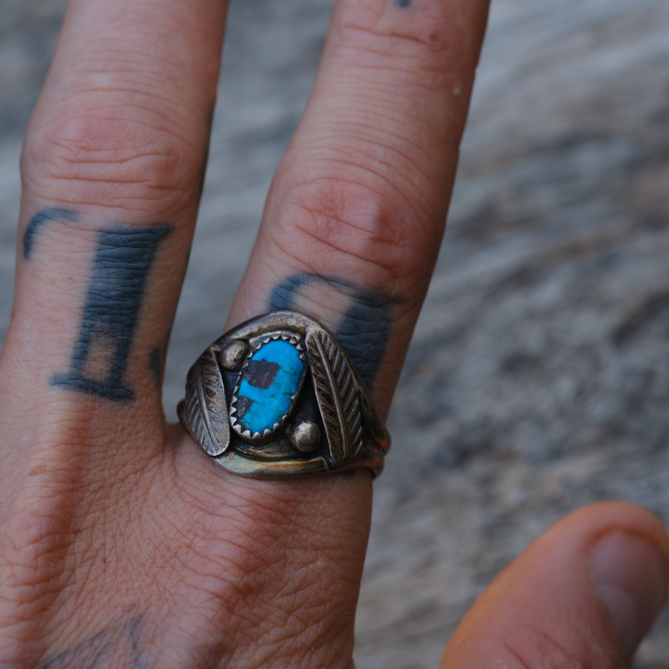Vintage Sterling Turquoise Feather Ring 11.75