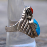 Vintage Sterling Turquoise and Coral Feather Ring 10