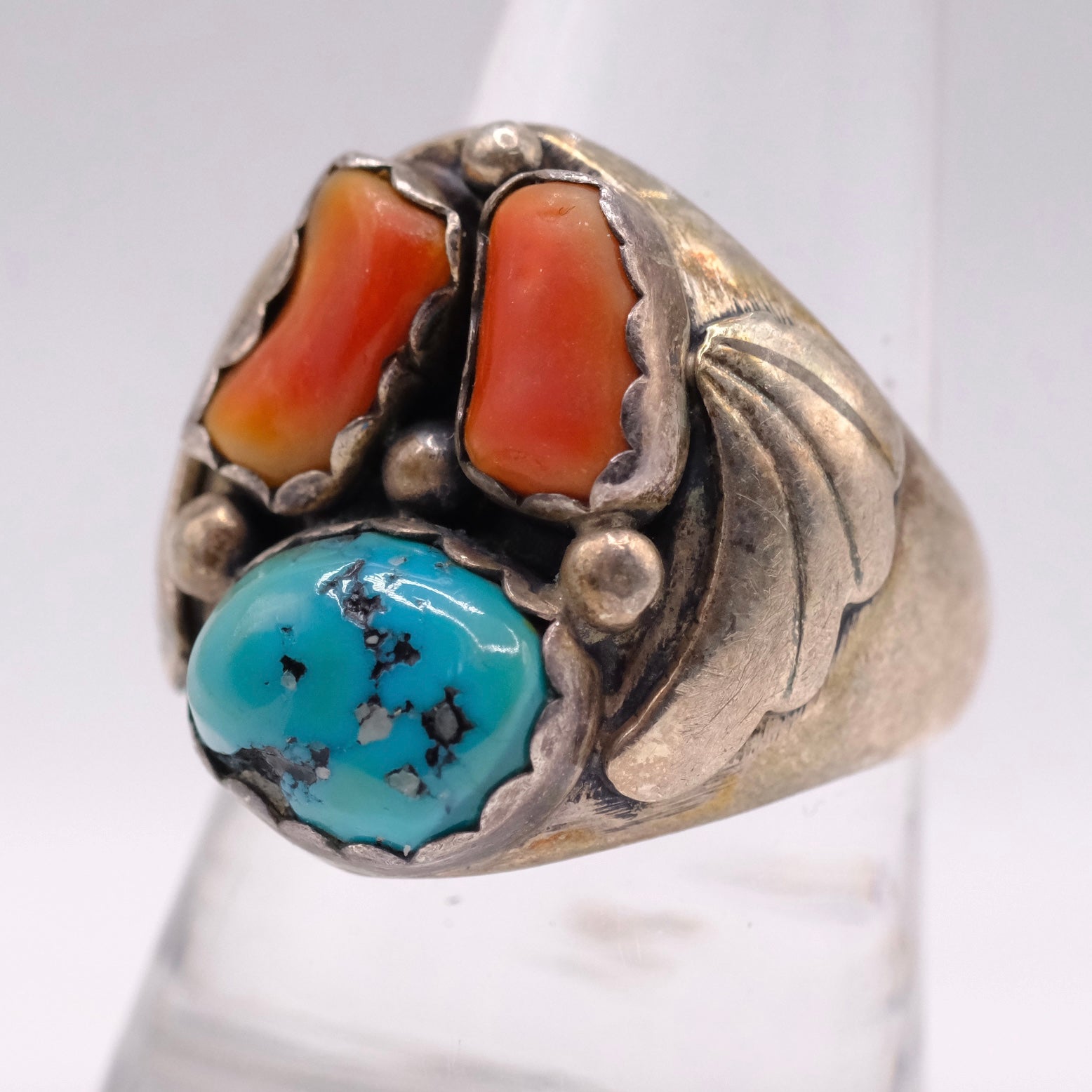 Vintage Sterling Turquoise and Coral Ring 9.75