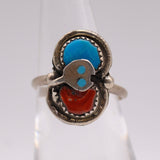 Vintage Sterling Turquoise and Coral Snake Ring 6.25