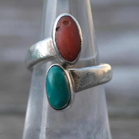 Vintage Sterling Turquoise and Coral Overpass Ring 5.75