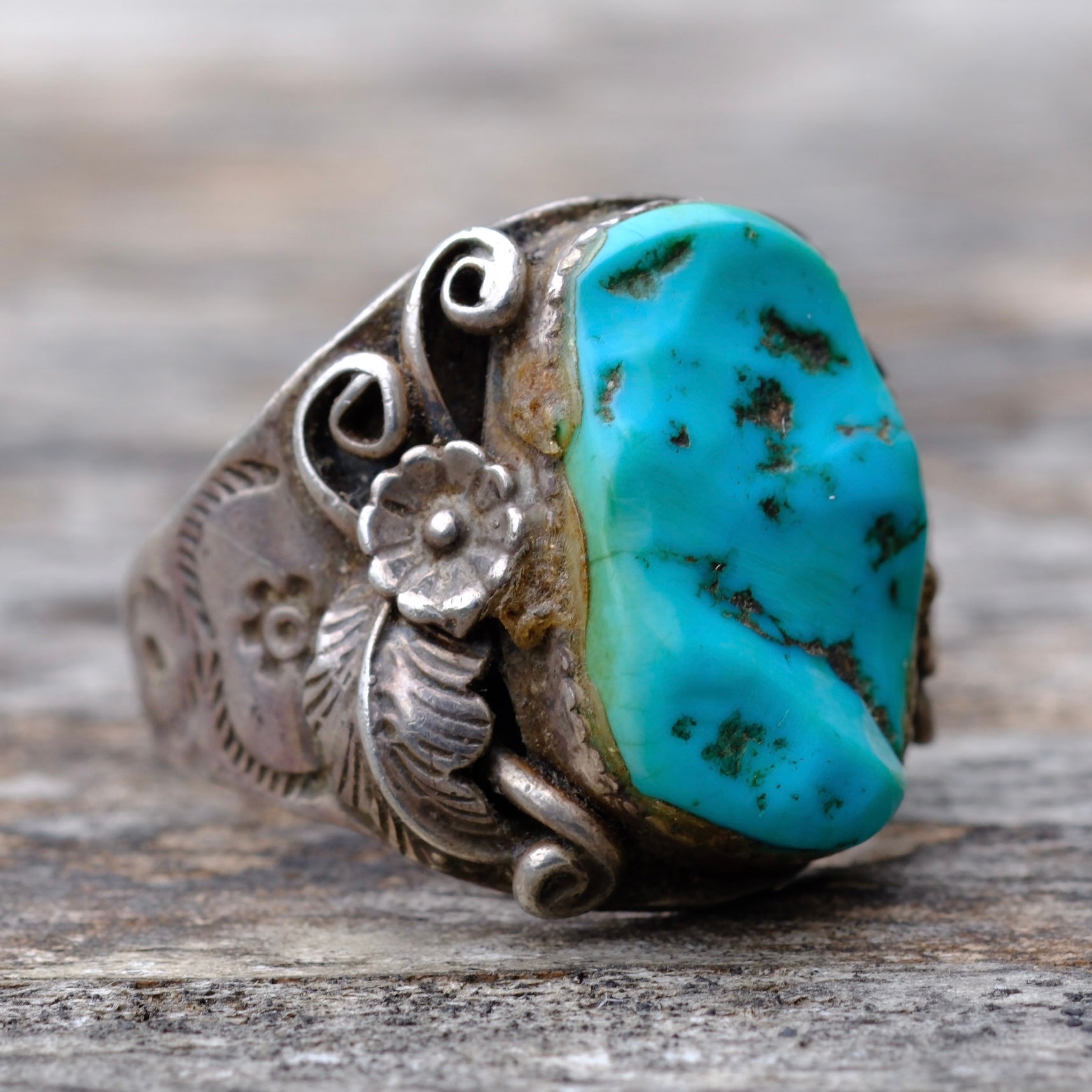 Vintage Sterling Turquoise Feather Ring 9.25