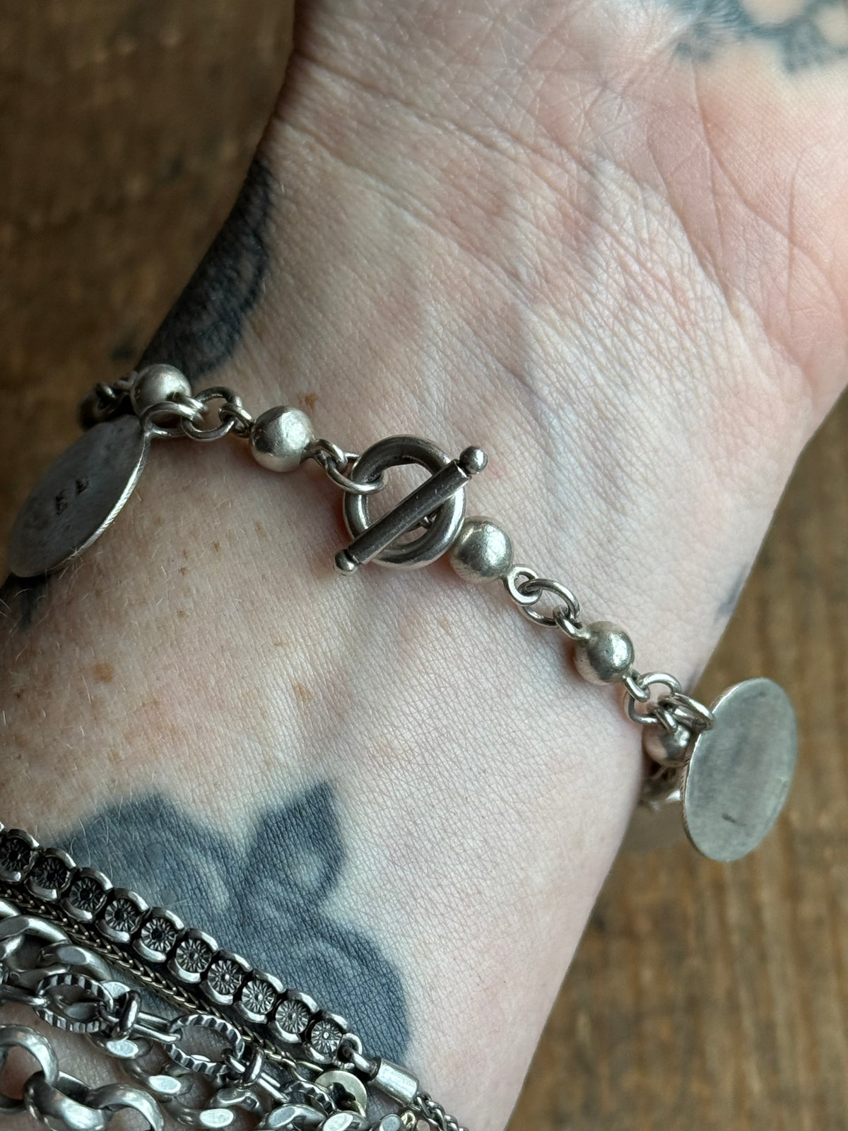 Vintage Sterling Silver Disc Charm Chain Bracelet
