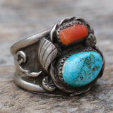 Vintage Sterling Turquoise and Coral Feather Ring 12