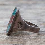 Vintage Sterling Crushed Turquoise and Coral Stamped Band Ring 11.5